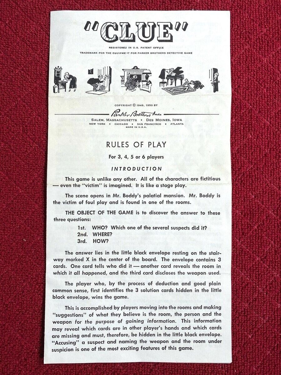 1950 PARKER BROTHERS CLUE Vintage Board Game RULES OF PLAY Instructions Only EBay