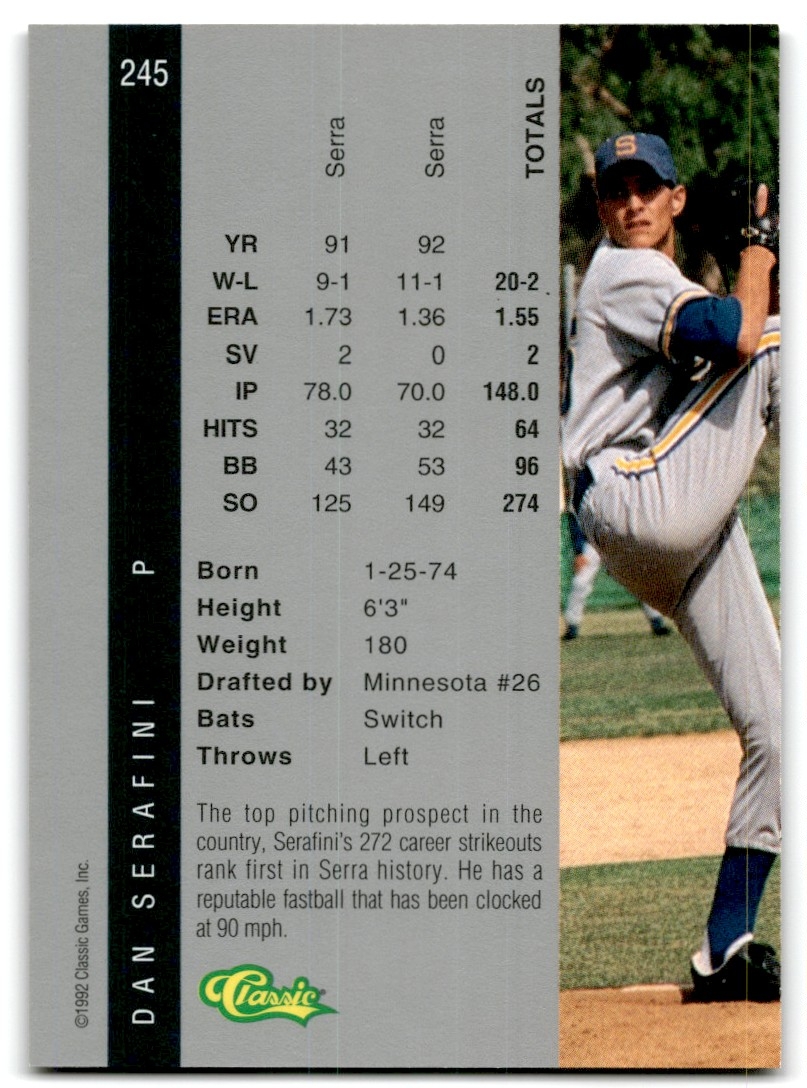 1992 Classic Draft Picks Dan Serafini 245 On Kronozio