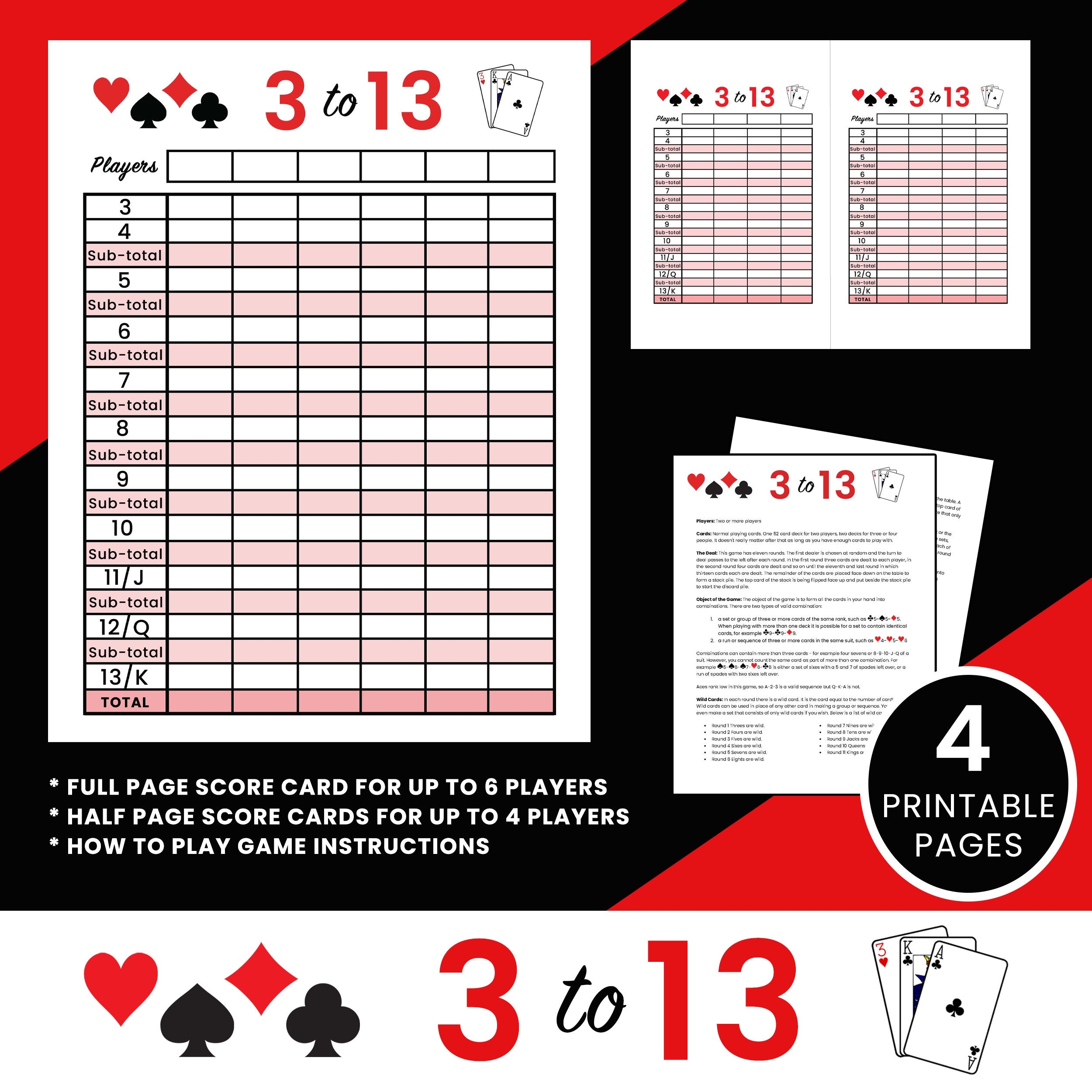 3 To 13 Card Game Score Cards Etsy