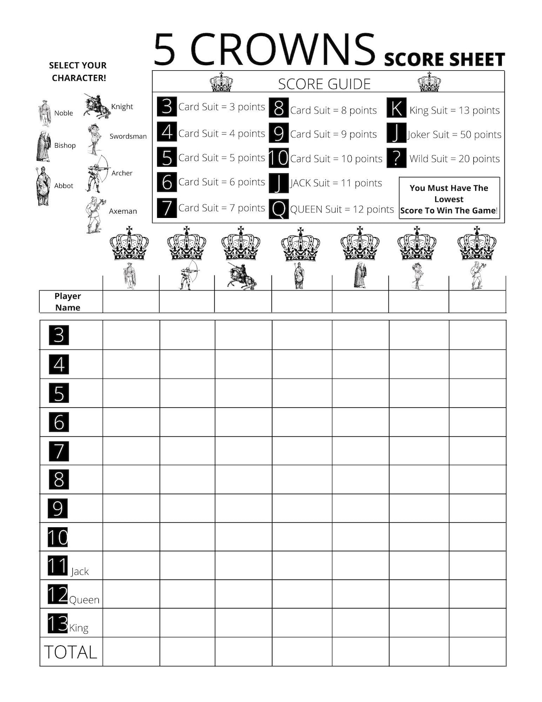 5 Crowns Score Card With Character Select printable PDF Etsy
