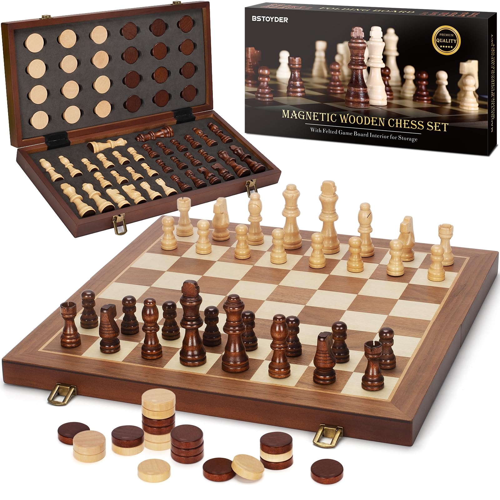 Amazon 2 In 1 Magnetic Wooden Chess And Checkers Board Game Set 15 Folding Chess Boards With 2 Extra Queens Portable Travel Chess Sets With Pieces Storage Slots Beginner Chess Game Set