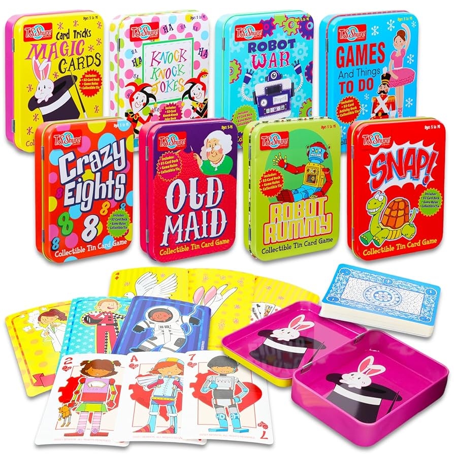 Amazon 8 Pack Card Games Tin Case Travel Table Games And Activities Old Maid War Magic Card Tricks Crazy Eights More Family Game Night Bundle Toys Games