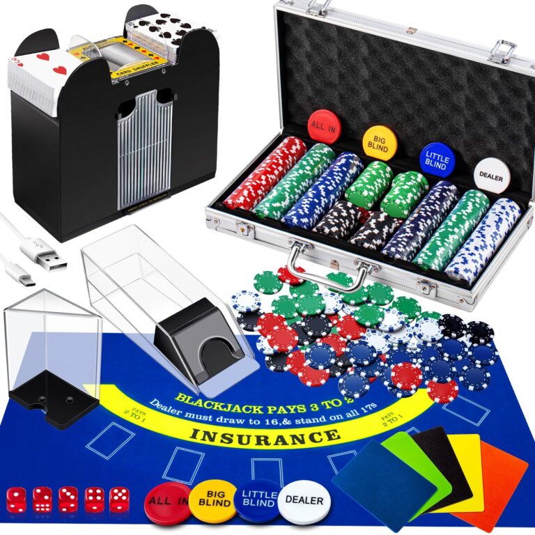 Amazon Aoriher Blackjack Casino Game Set Include 300 Poker Chips Casino Felt 1 Automatic Card Shuffler 6 Deck Dealer Shoe Discard Holder Tray Aluminum Case For Texas Holdem Blackjack Poker Blue