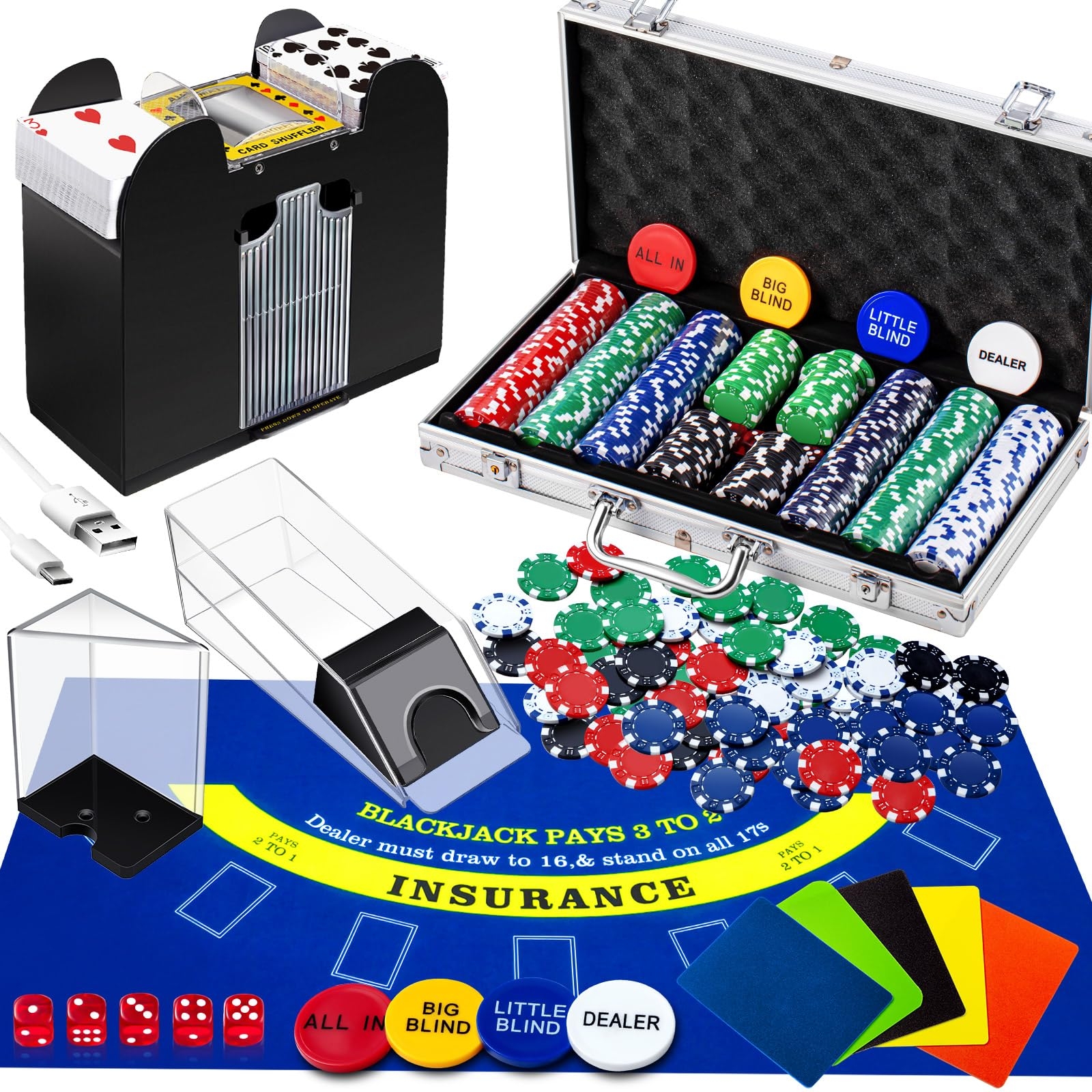 Amazon Aoriher Blackjack Casino Game Set Include 300 Poker Chips Casino Felt 1 Automatic Card Shuffler 6 Deck Dealer Shoe Discard Holder Tray Aluminum Case For Texas Holdem Blackjack Poker Blue 