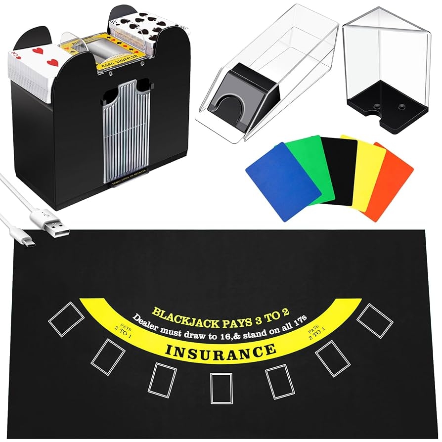 Amazon Aoriher Blackjack Game Combo Set Include Blackjack Layout Felt Shoe 6 Deck Automatic Card Shuffler Discard Holder Trays And 10 Cut Cards For Casino Party Night Black Toys Games
