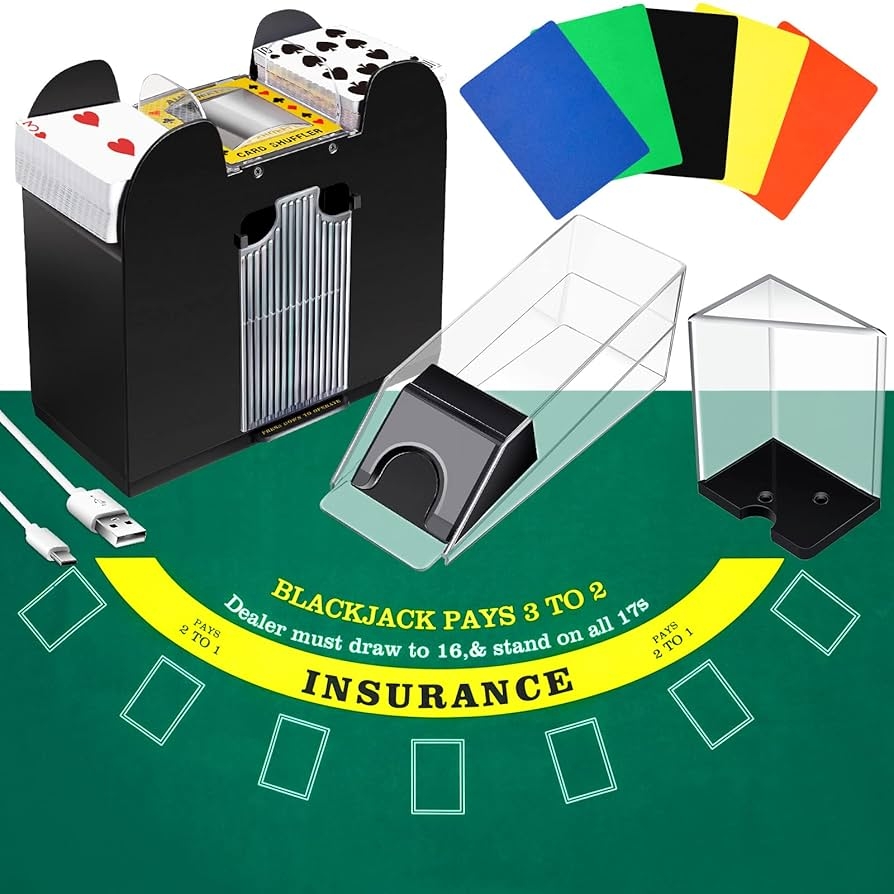 Amazon Aoriher Blackjack Game Combo Set Include Blackjack Layout Felt Shoe 6 Deck Automatic Card Shuffler Discard Holder Trays And 10 Cut Cards For Casino Party Night Green Toys Games