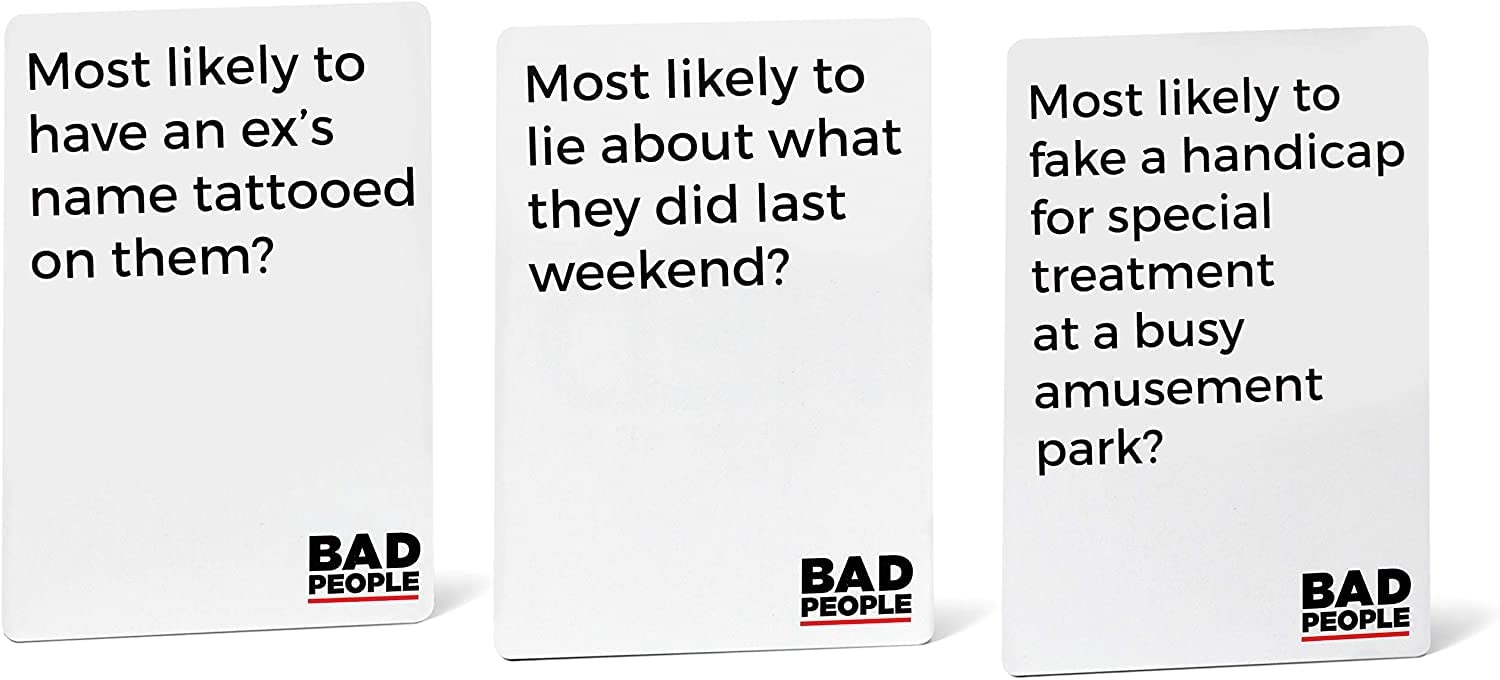 Amazon BAD PEOPLE Party Game White Expansion 100 New Question Cards For The Hilarious Adult Card Game For Fun Parties Board Games Night With Your Group Find Out Amazon BAD PEOPLE Party Game White Expansion 100 New Question Cards For The Hilarious Adult Card Game For Fun Parties Board Games Night With Your Group Find Out