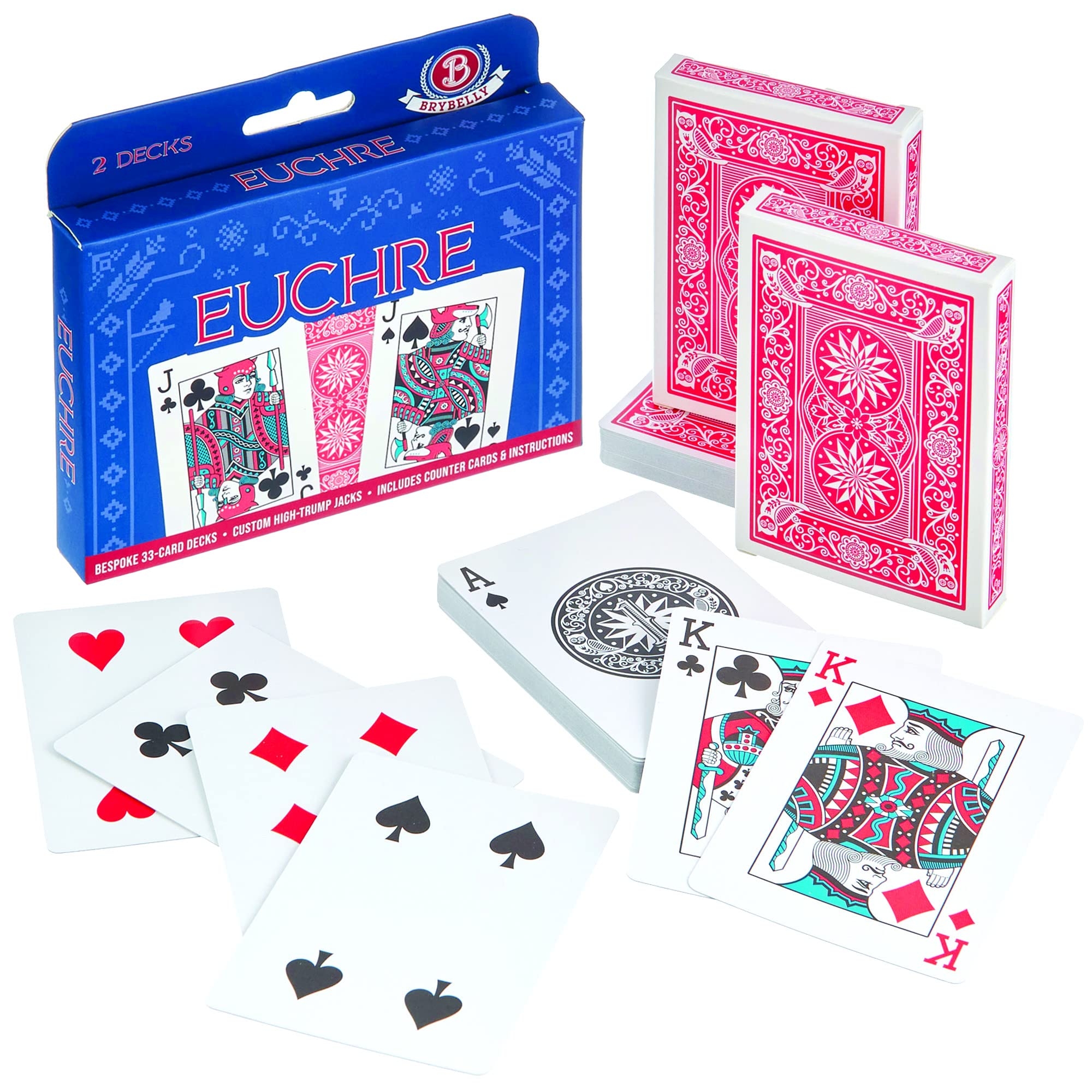 Amazon Brybelly Euchre Card Game 2 Specialty Decks Pre Stripped For Classic American Euchre Or 6 Player Variant Custom Bower Jacks Blank Counter Cards Included Toys Games