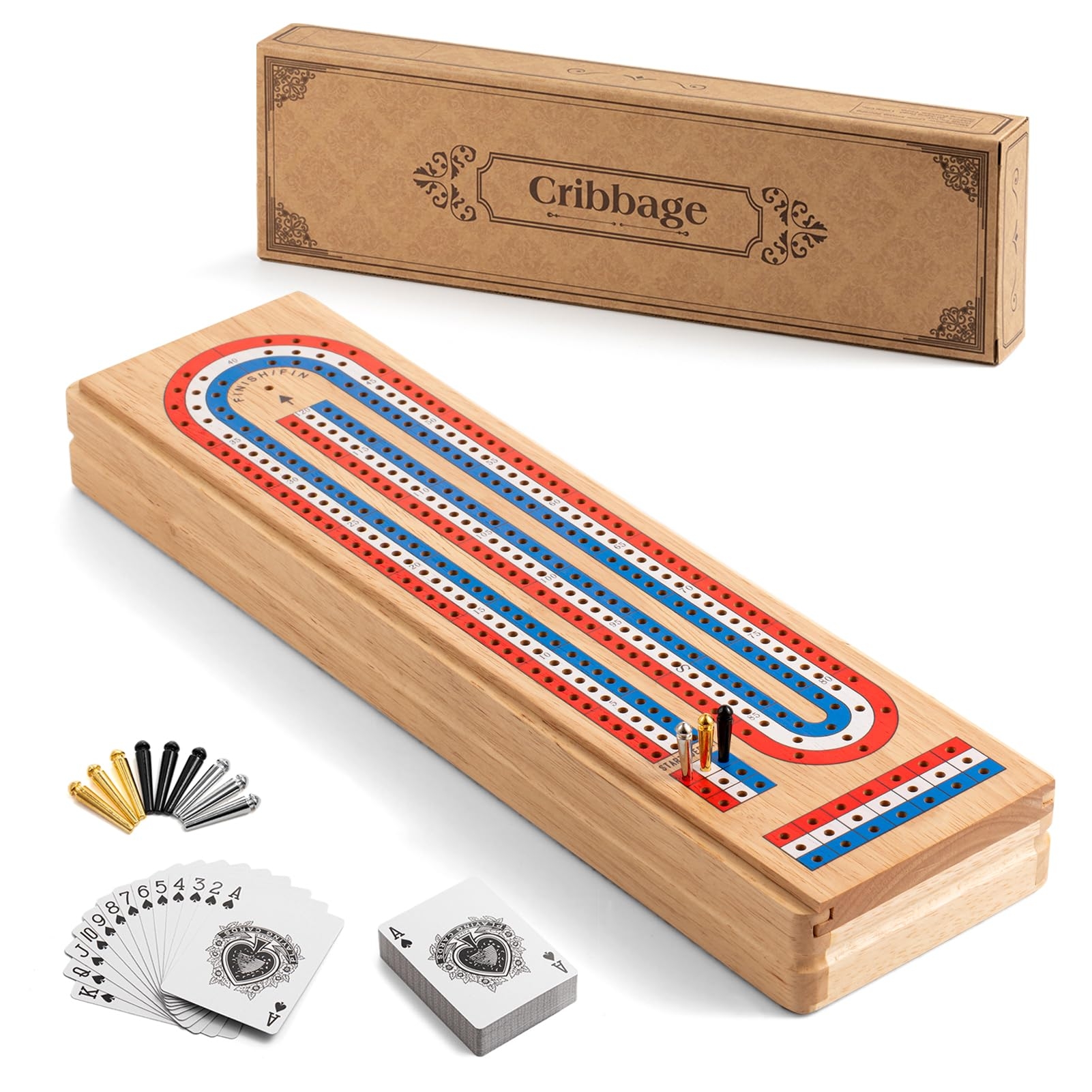 Amazon Ceebyfa Cribbage Board Game Set With Large Storage Area Solid Wood 3 Track Cribbage Board 9 Metal Pegs 2 Playing Cards And Instruction Portable Travel Board Game For All Ages 
