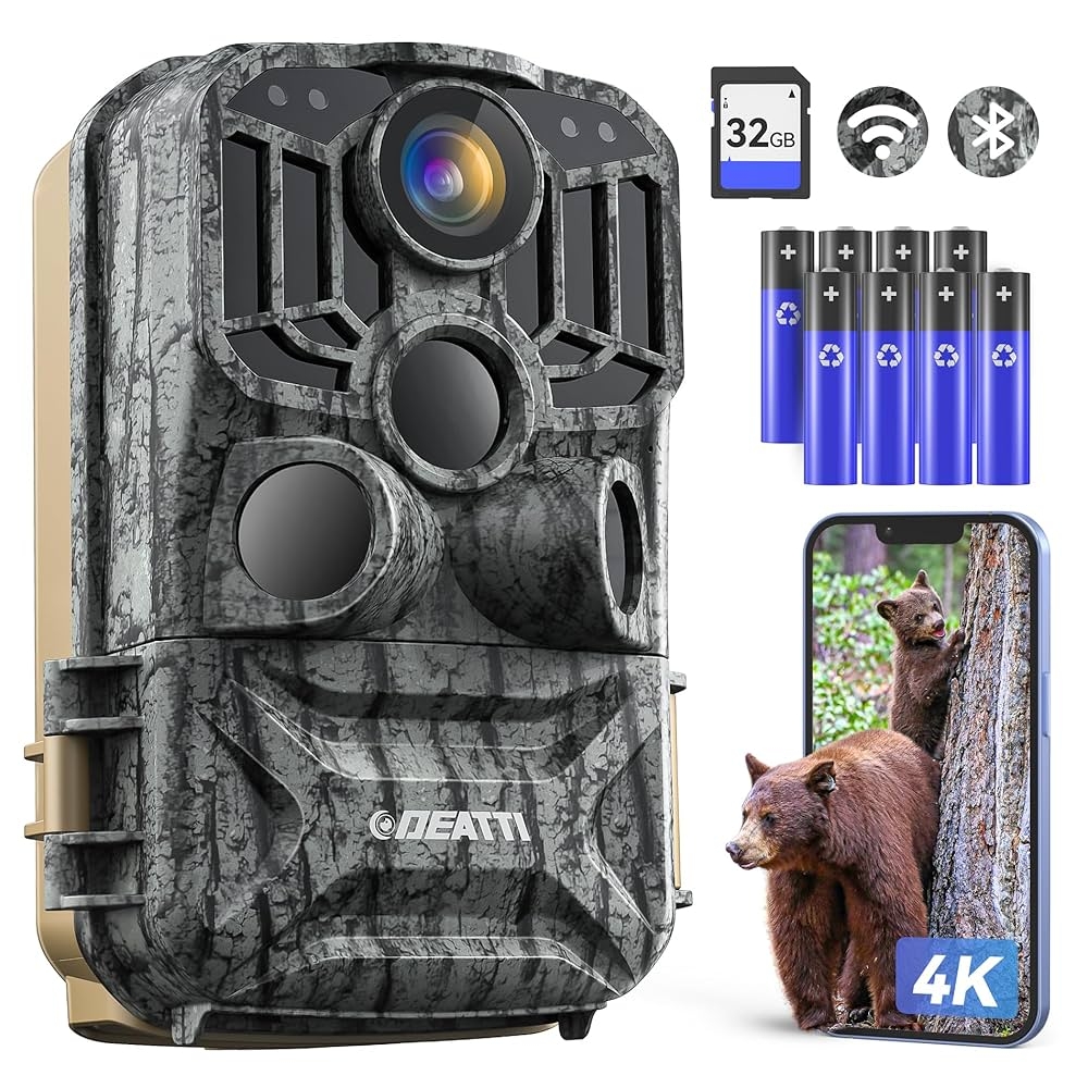 Amazon DEATTI Trail Camera 48MP 4K Game Camera With 8 Batteries 32GB SD Card WiFi Bluetooth Connection Trail Cameras With Night Vision Motion Activated Waterproof For Wildlife Deer Outdoor 0 1s Trigger Time Sports