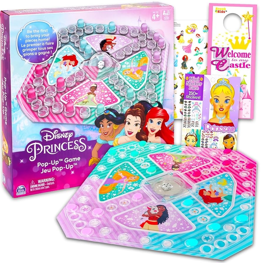 Amazon Disney Princess Pop Up Game Bundle With Disney Princess Board Game With Pop Up Dice Create a Face Stickers More Disney Princess Games For Girls Toys Games