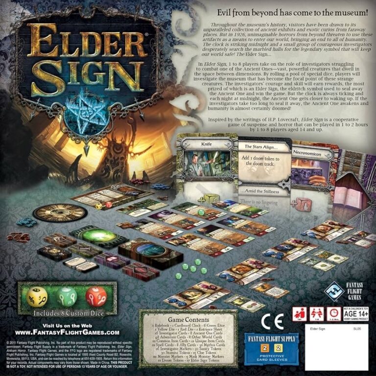 Amazon Fantasy Flight Games Elder Sign Board Game Supernatural Intrigue Cooperative Dice Adventure Horror Mystery Game Ages 14 1 8 Players 1 2 Hour Playtime Made Launius Richard Wilson Kevin Toys Games