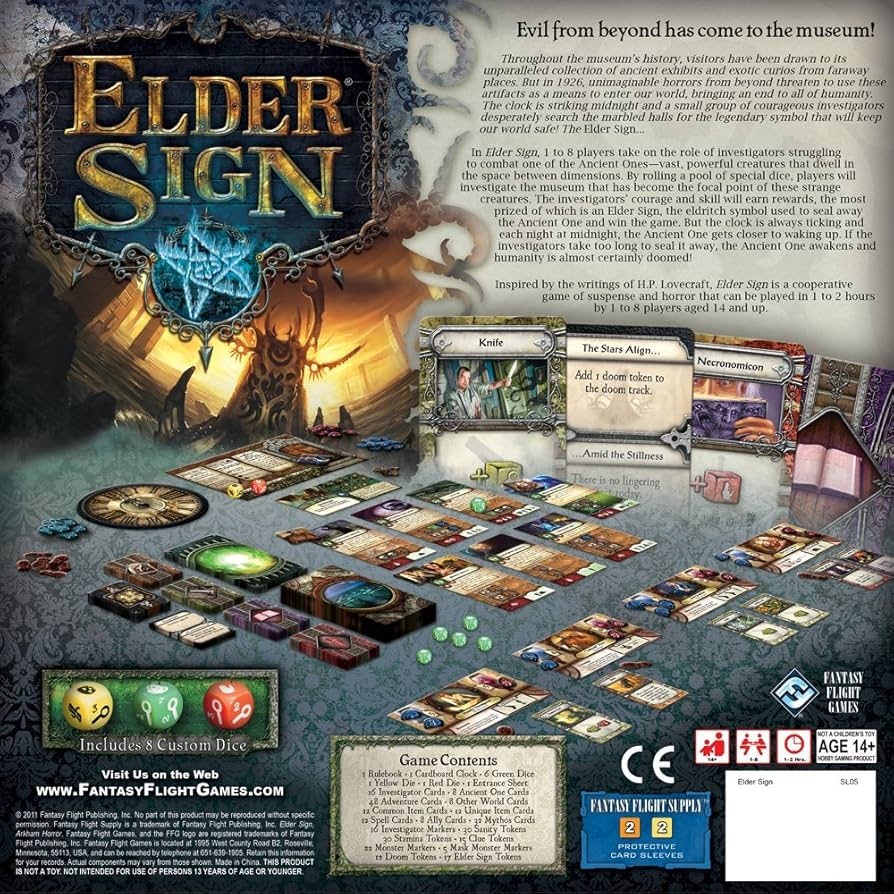 Amazon Fantasy Flight Games Elder Sign Board Game Supernatural Intrigue Cooperative Dice Adventure Horror Mystery Game Ages 14 1 8 Players 1 2 Hour Playtime Made Launius Richard Wilson Kevin Toys Games