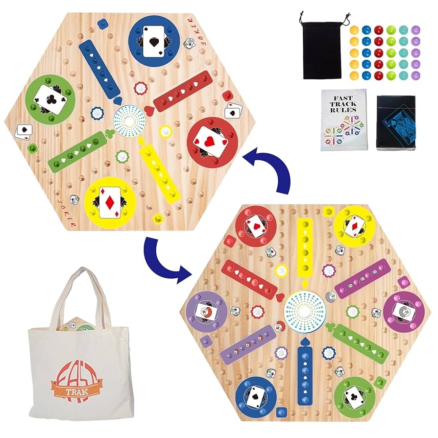 Amazon Fast Track Marble Board Game Wahoo Board Game Double Sided Painted Fast Track Board Games For 6 And 4 Players Includes 6 Colors 30 Marbles 1 Deck Of PVC Playing Cards 