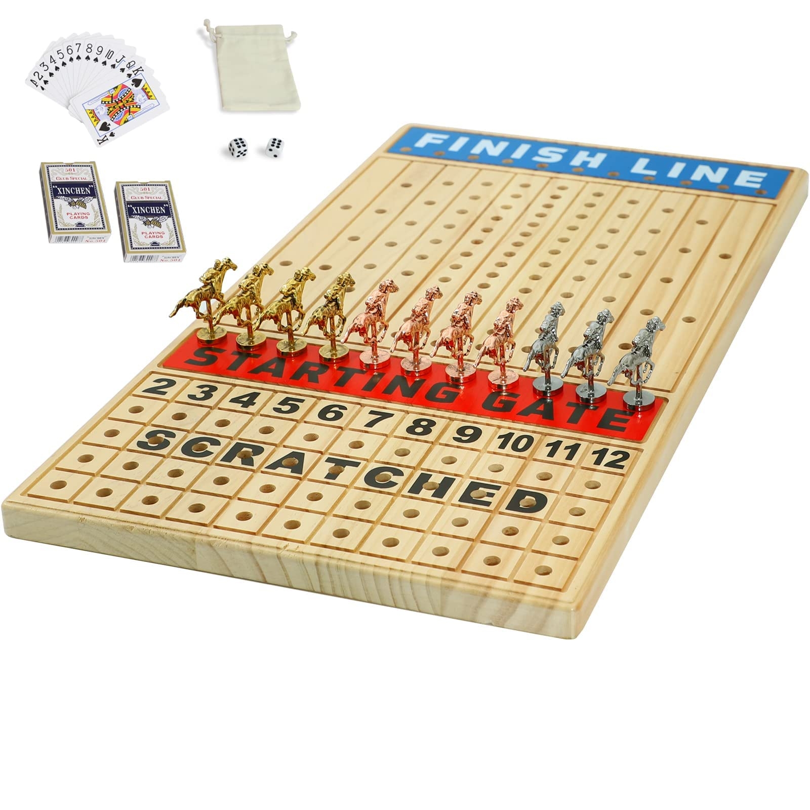 Amazon Grhonior Large 21 Inches Horse Racing Board Game With 11 Luxury Metal Horses Thickened Wood Game Chessboard Including Dice And Cards Finish LINE Race Game Board Toys Games