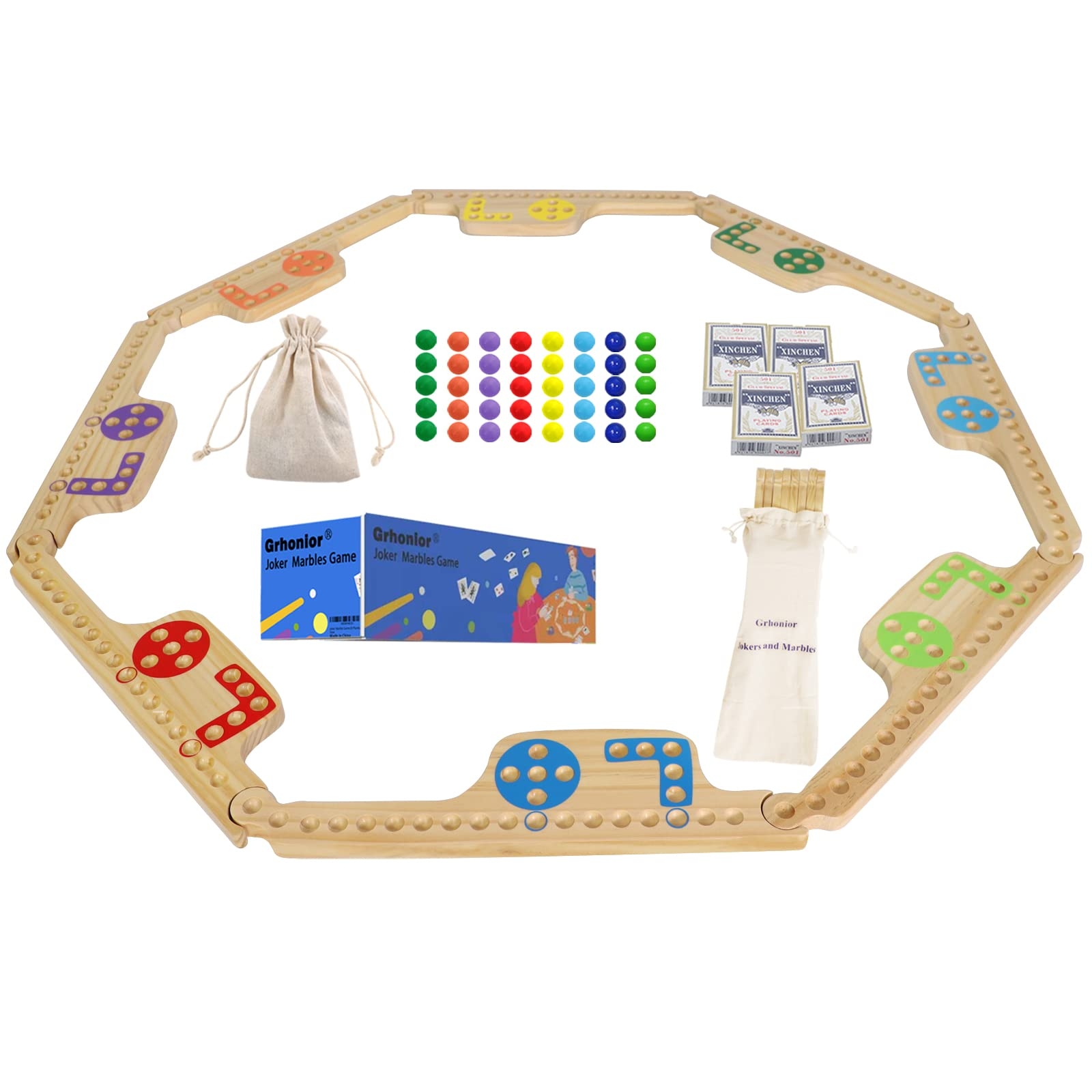 Amazon Grhonior Marbles And Jokers Board Game Pegs And Jokers Real Solid Wood Pine Game Board Wooden For 2 8 Players 8 Game Boards 8 Colors 40 Marbles 4 Boxes Card Toys Games