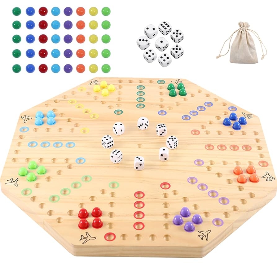 Amazon HOROW Wahoo Board Game Wooden Original Board Game Classic 2 Side Painted Fast Track Game For 6 Player And 8 Player With 32 Marbles 8 Dices For Family Game Night 8 Player Log Toys