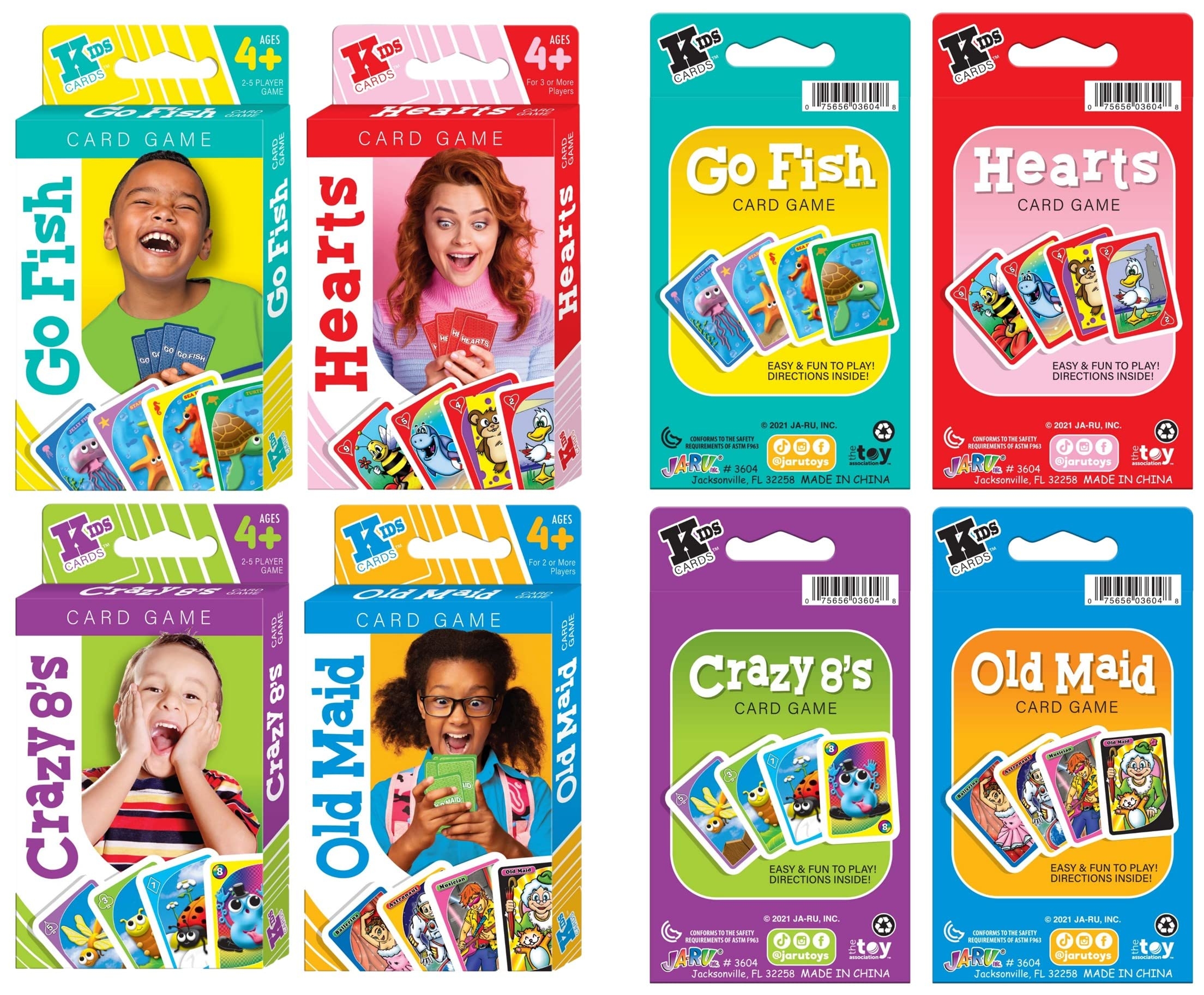 Amazon JA RU Kids Classic Card Games 24 Packs Assorted Includes Hearts Crazy 8 s Old Maid Card Game Go Fish Card Game For Kids 4 8 Years Old And Up Family Board Games 