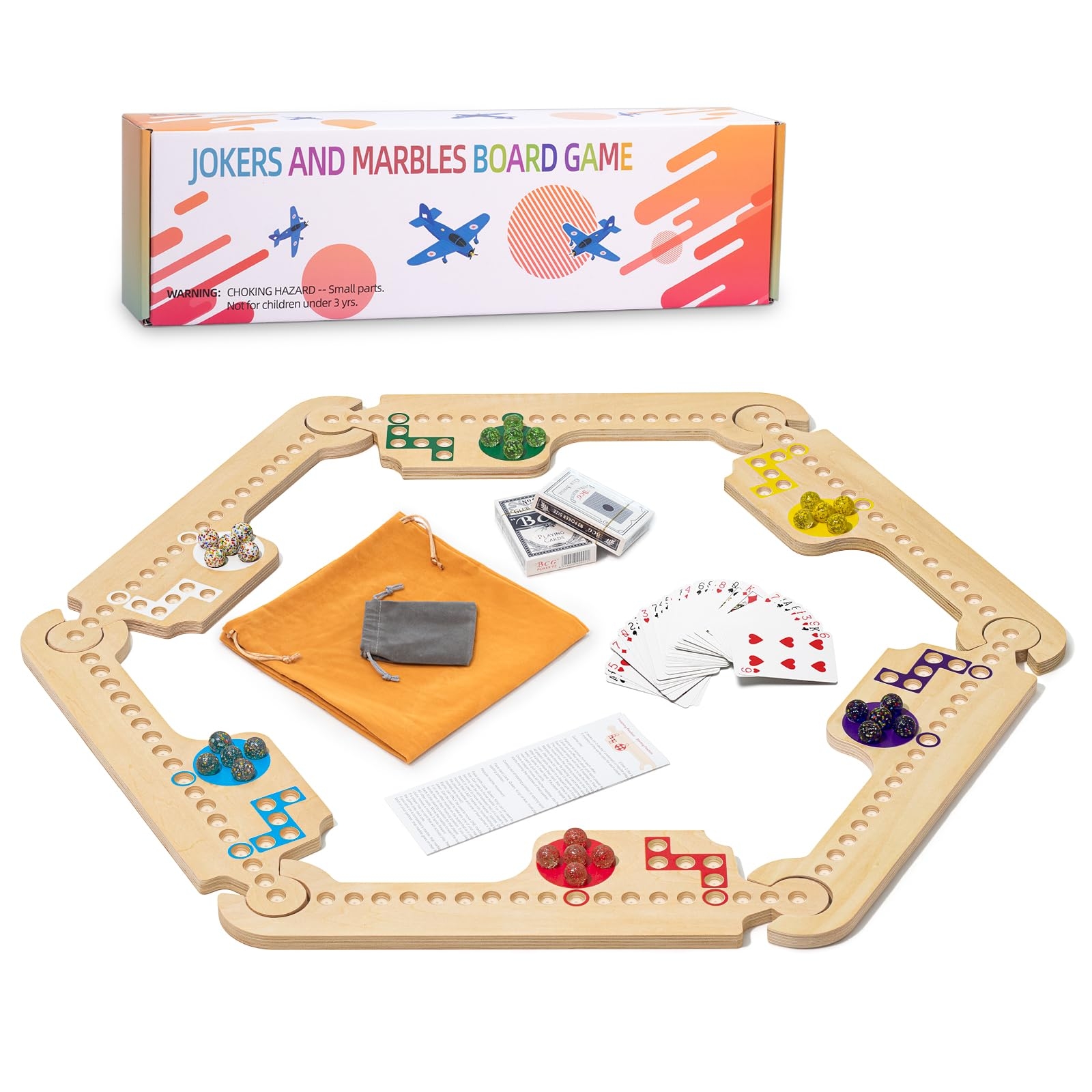 Amazon Jokers And Marbles Board Game Wooden Marble Game For 2 6 Players Portable Jokers Game With 30 Marbles 3 Decks Of Cards 2 Storage Bags For Family Game Night And Holiday Party 