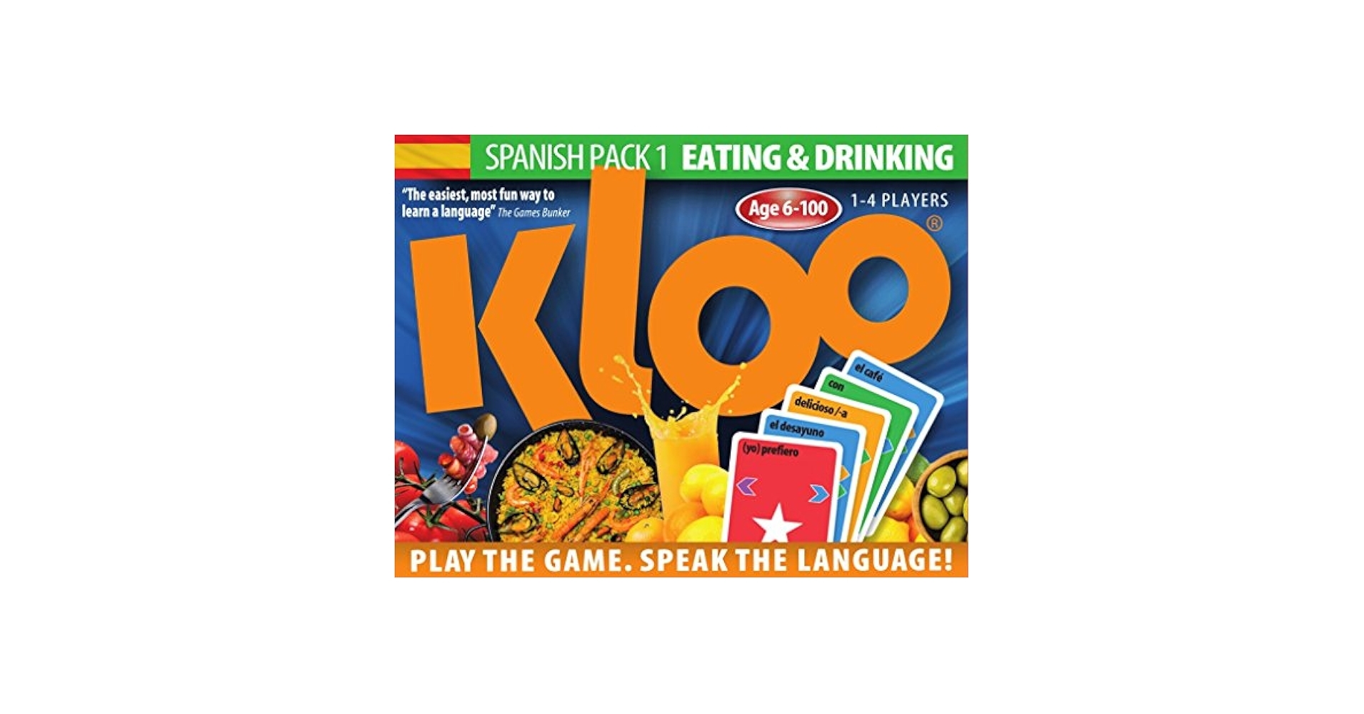 Amazon KLOO Learn Spanish Card Game Food Drink Vocabulary Fun For Family Kids Adults School Speak 100 s Words In A Flash Thousands Of Sentences Juegos De