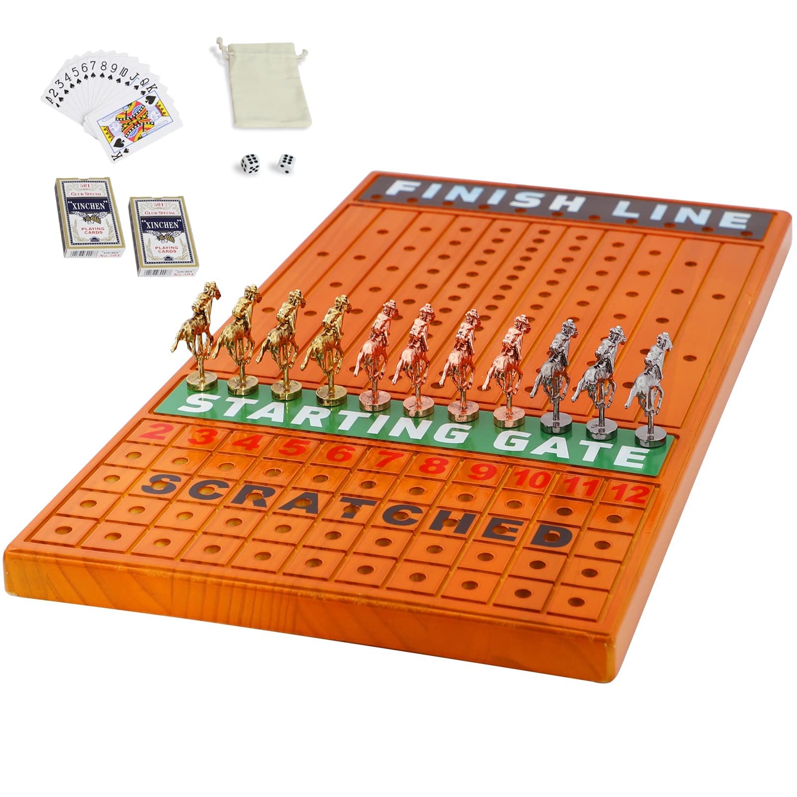 Amazon Large 21 Inches Horse Racing Board Game With 11 Luxury Metal Craft Horses Thickened Pine Finish LINE Race Game Chessboard Including 2 Sets Of Dice And 2 Boxes Of Cards Toys Games
