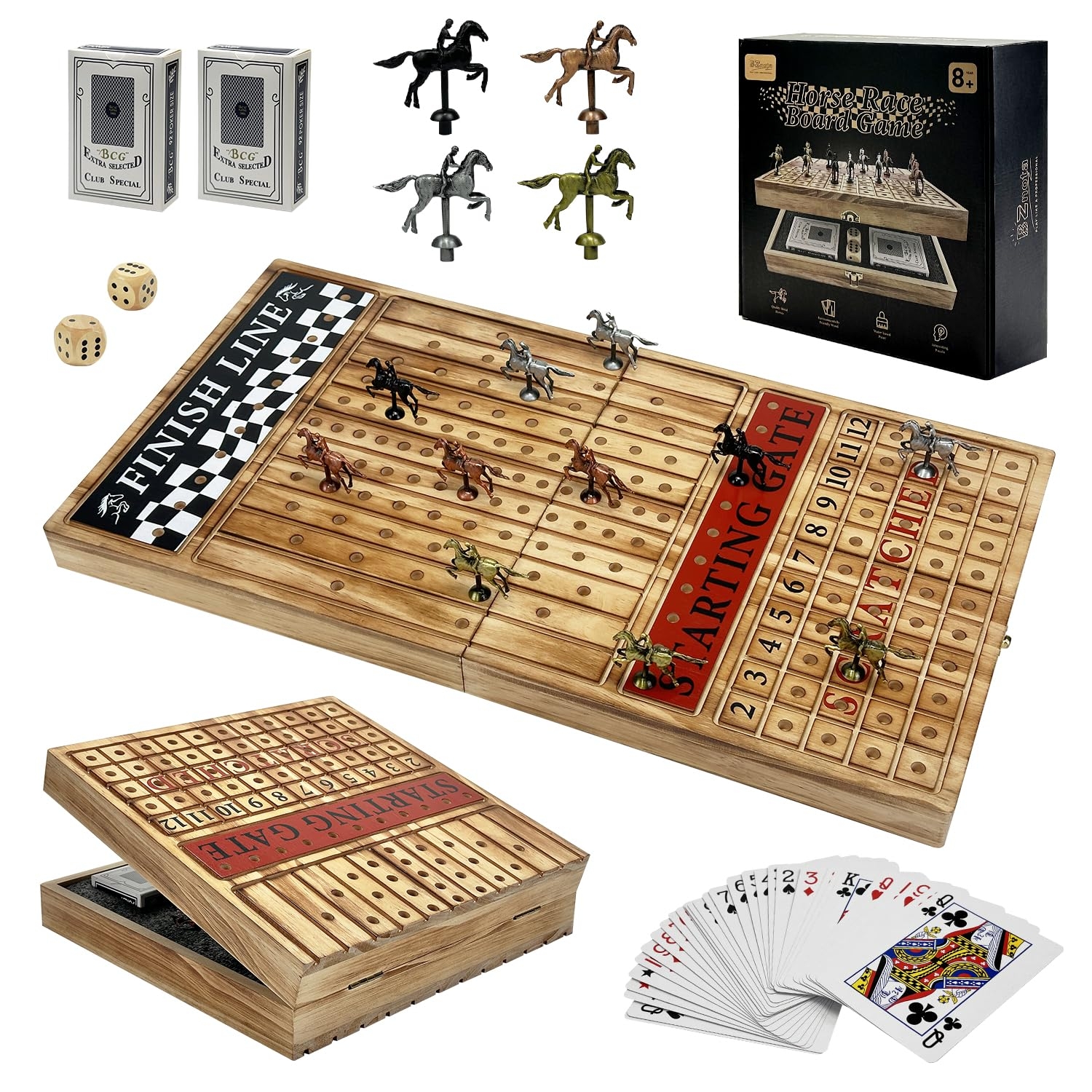 Amazon Large 23 Inches Horse Racing Board Game With 11 Luxury Metal Horses Foldable Wood Horse Race Board Game With 2 Sets Of Dice 2 Boxes Of Cards For Parties And Gambling 