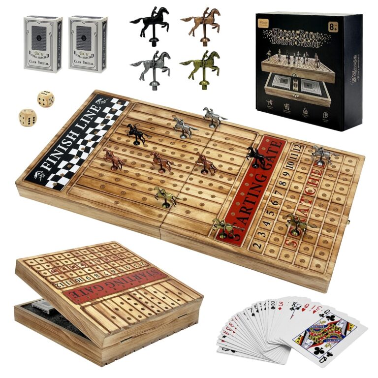 Amazon Large 23 Inches Horse Racing Board Game With 11 Luxury Metal Horses Foldable Wood Horse Race Board Game With 2 Sets Of Dice 2 Boxes Of Cards For Parties And Gambling