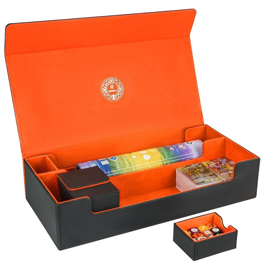 Amazon LEFOR Z Card Deck Box X Large Premium Trading Card Storage Case With Mat And Dice Compartment Magnetic Game Deck Display Case Compatible With MTG TCG Yugioh Magic Commander Black Orange Toys Games
