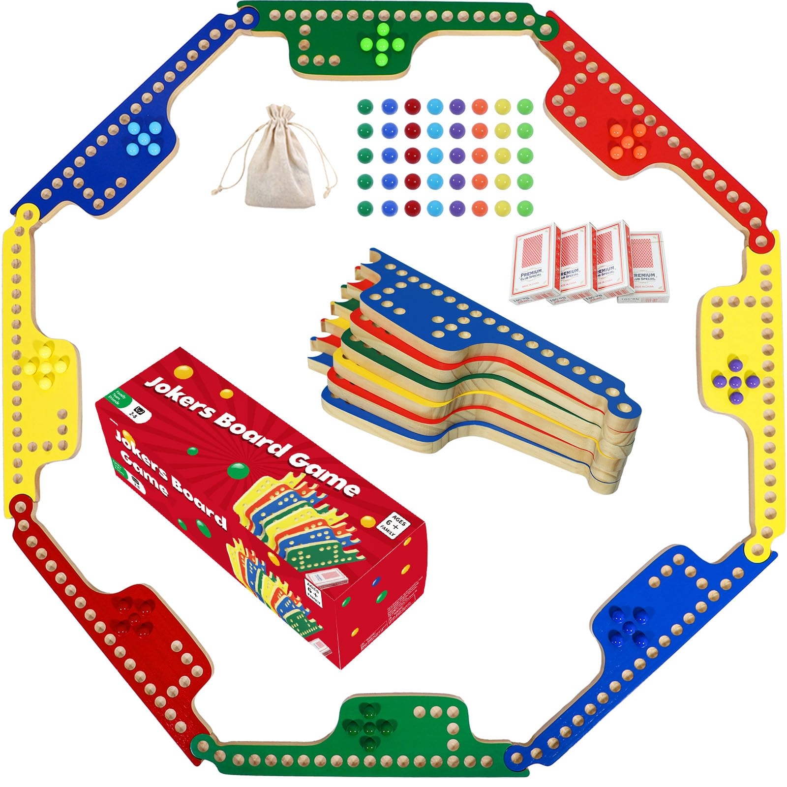 Amazon Medikaison Colorful Jokers And Marbles Board Game Pegs And Jokers Card Game For 2 8 Players 8 Solid Wood Game Boards 4 Colors 40 Marbles 4 Decks Of Cards Full Size Game