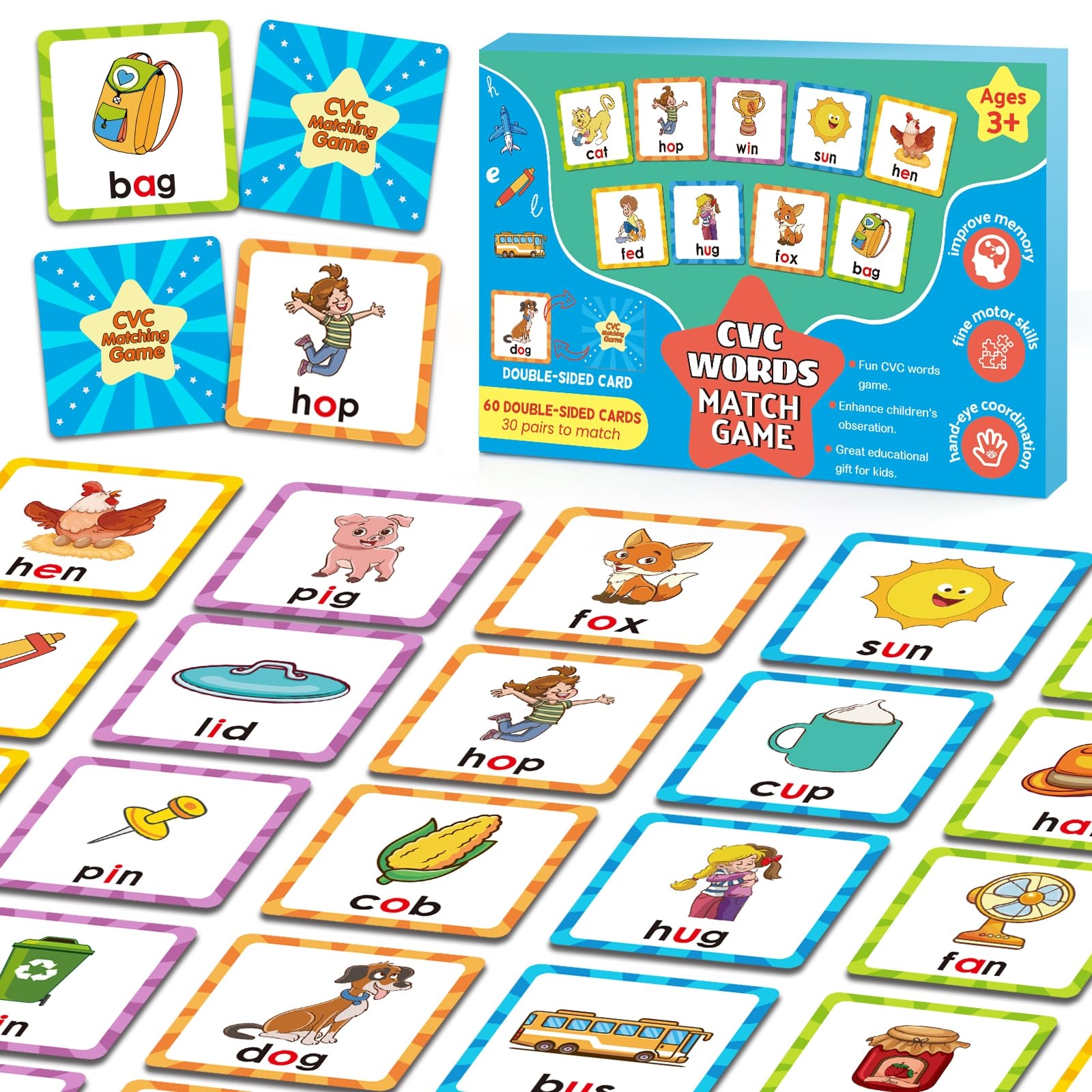 Amazon Memory Game CVC Word Games Kindergarten Memory Games For Kids Ages 4 8 Matching Games For Toddlers 3 5 Phonics Games Flash Cards 2 4 Years Memory Card Game Homeschool Learning Educational Toys 
