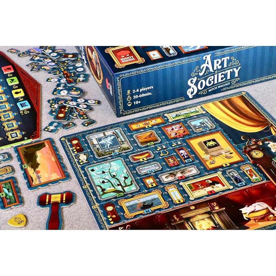 Amazon Mighty Boards Art Society Collection Board Game Bid At Auctions Collect Display Your Art Ages 10 2 4 Players 30 60 Min Toys Games