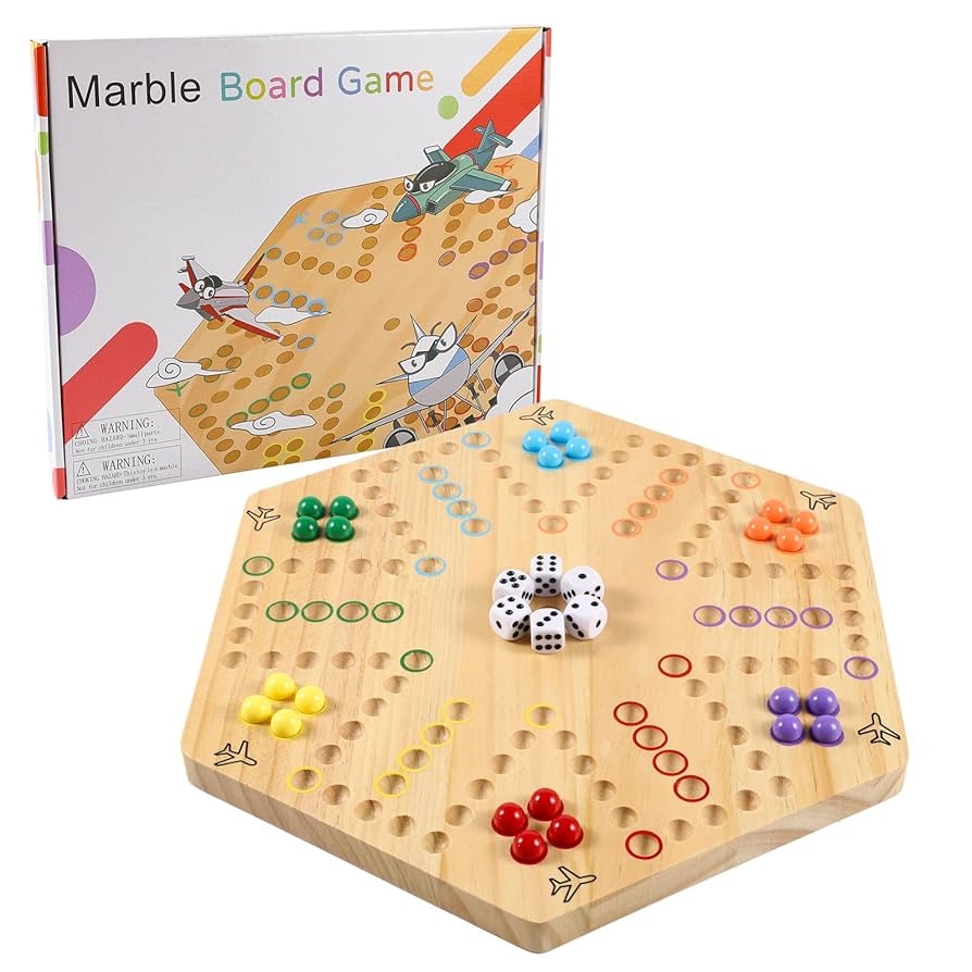 Amazon NRZSSN Original Marble Game Wahoo Board Game Double Sided Painted Wooden Fast Track Board Game For Family Friends And Party 6 And 4 Players 6 Colors 24 Marbles 6 Dice Toys Games