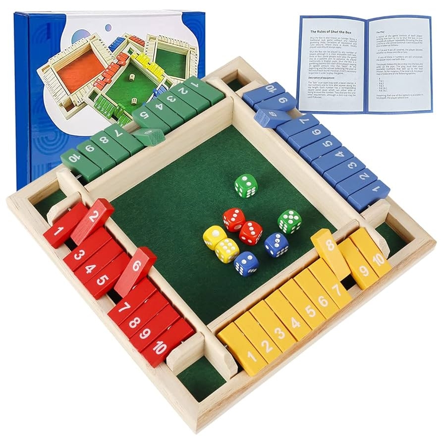 Amazon Shut The Box Dice Game Wooden Board Table Math Game 2 4 Player Family Classics Tabletop Version Games With 8 Colored Dices Educational Learning Interactive Game For Classroom Home Party Or Pub 