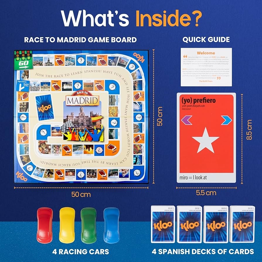 Amazon Spanish Board Game Race To Madrid Easy To Learn Words Grammar Verbs Fun For Adults Kids Beginners Classroom 4 Decks Dynamic Flash Cards Toys Games
