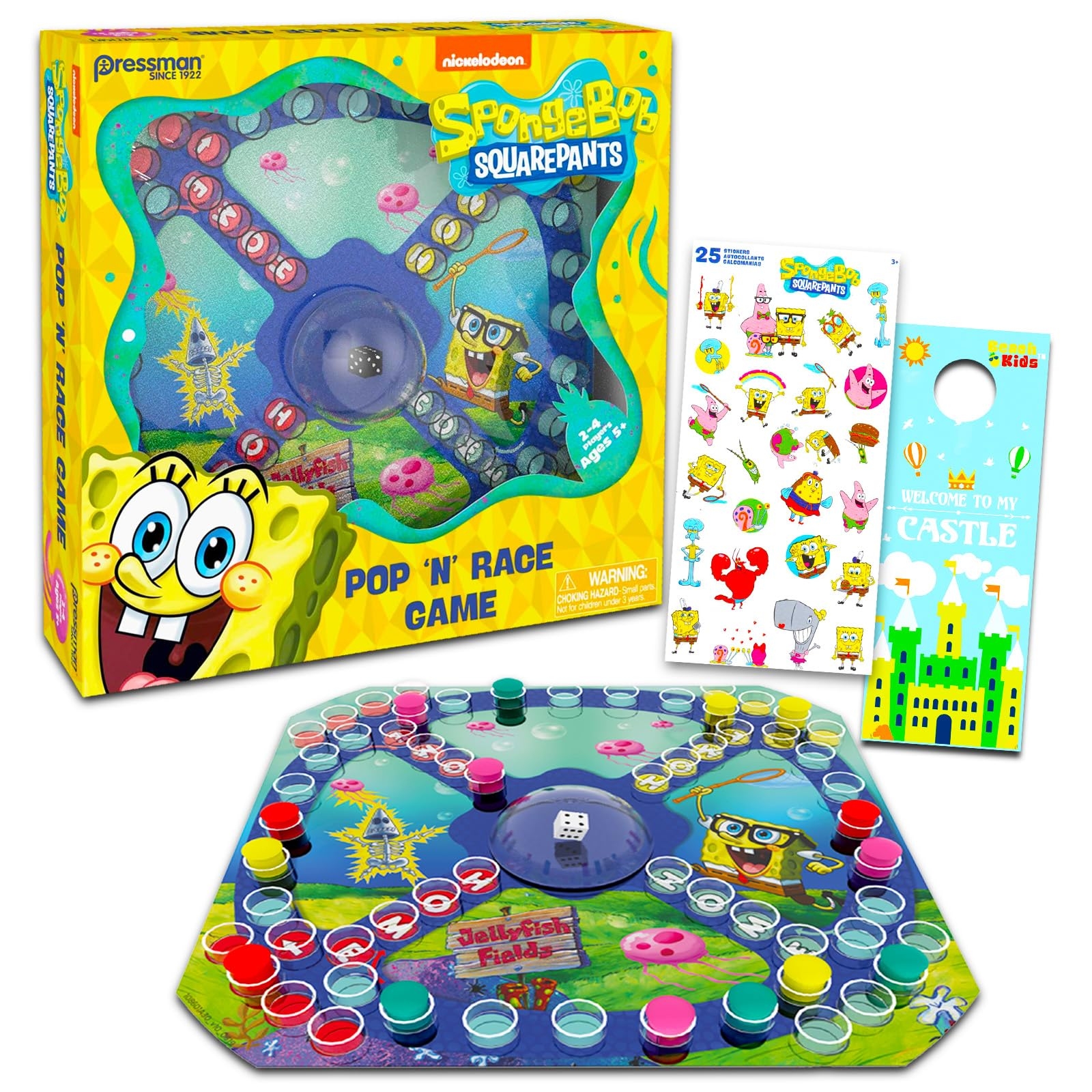 Amazon Spongebob Squarepants Pop Up Board Game Bundle With Spongebob Board Game With Pop Up Dice Plus Stickers More Spongebob Games For Birthday Party Toys Games