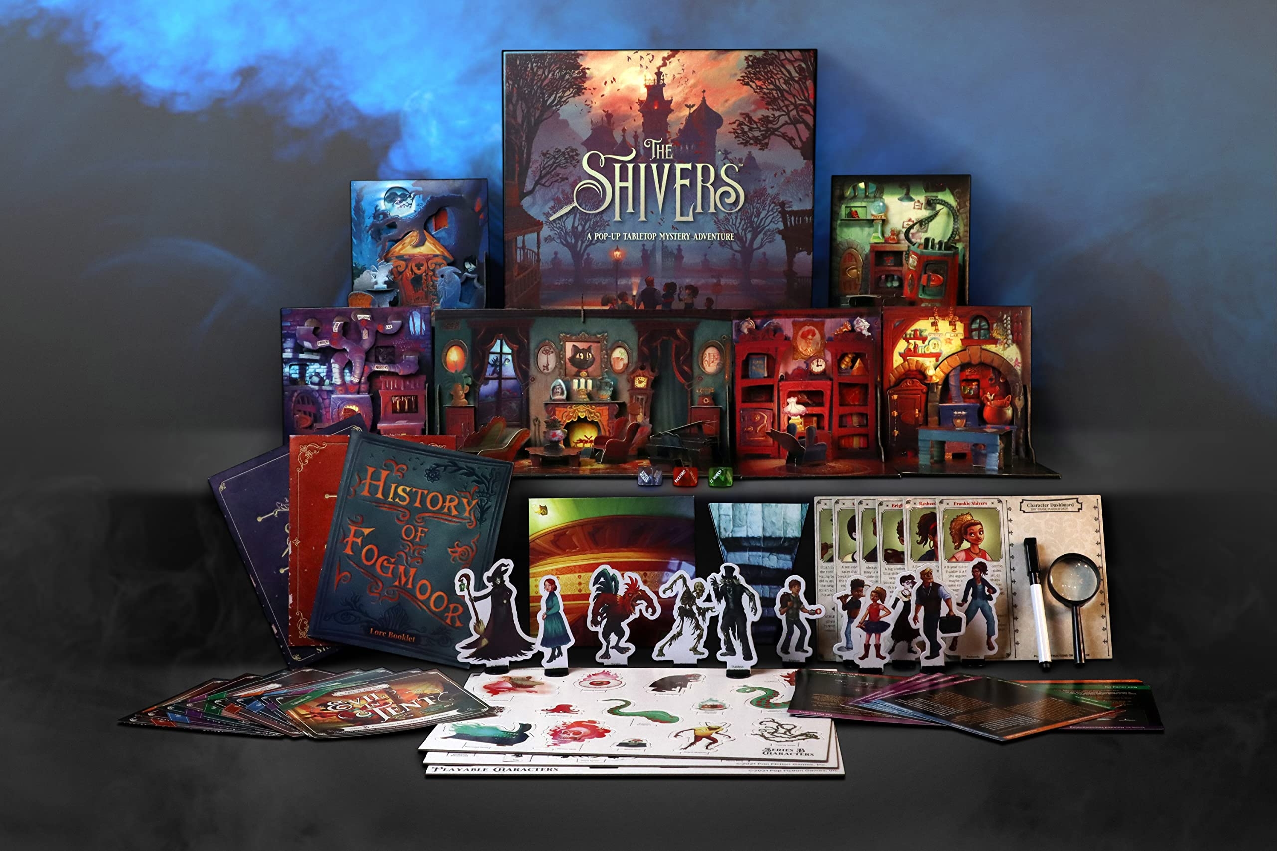 Amazon The Shivers Board Game Pop Up Mystery Adventure For 2 5 Players Base Game Unique Fantasy Family Game Tabletop Game Role Playing Adventure Toys Games