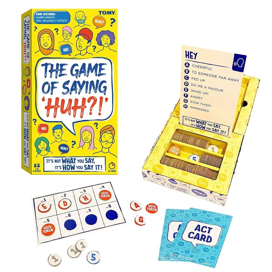 Amazon TOMY The Game Of Saying Huh Voice Impressions Card Games Funny Party Game Of Acting And Guessing Family Board Games For Adults And Kids 3 8 Players 