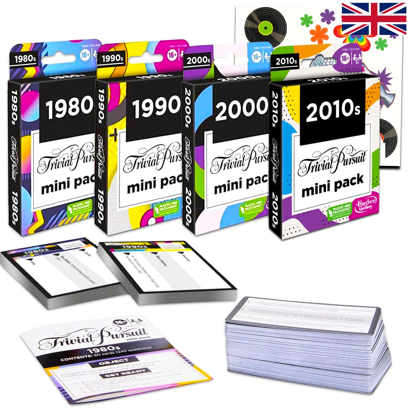 Amazon Trivial Pursuit Game Cards 4 Pack Bundle With 4 British Version Trivial Pursuit Mini Packs Featuring 1980s 2010s Plus Tattoos British Triva Game Toys Games