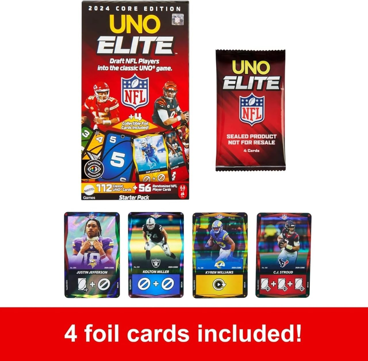 Amazon UNO Elite NFL Core Edition 2024 Starter Deck Cards With 4 Surprise Collectible Foil Cards 112 Uno Cards And 56 Trading Game Cards In Each Pack Sports Outdoors