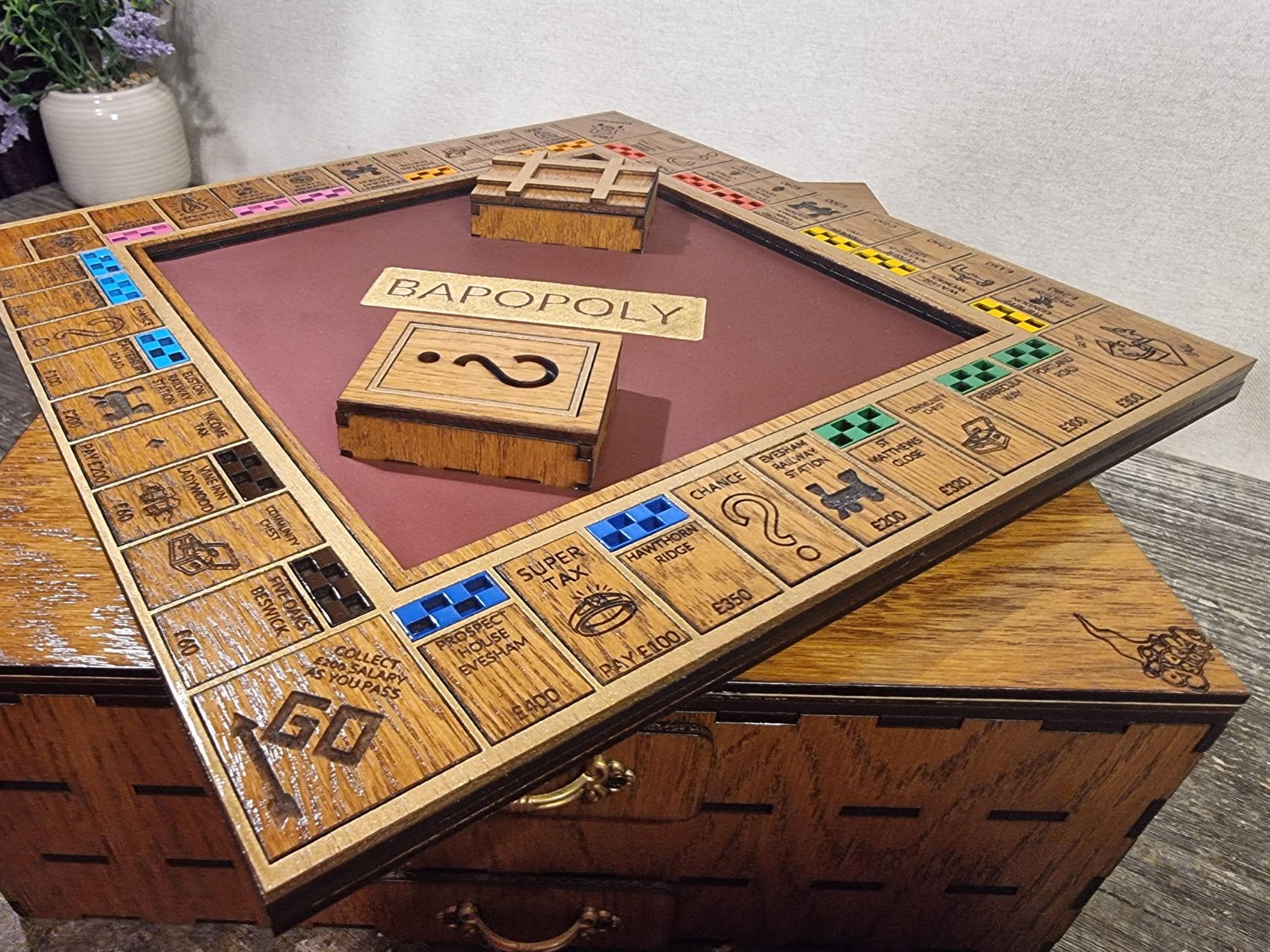 Bespoke Varnished Gold Engraved Leather Inlayed Wooden FULLY Personalised Customopoly Game With Turntable Bank And Money Organisers Etsy