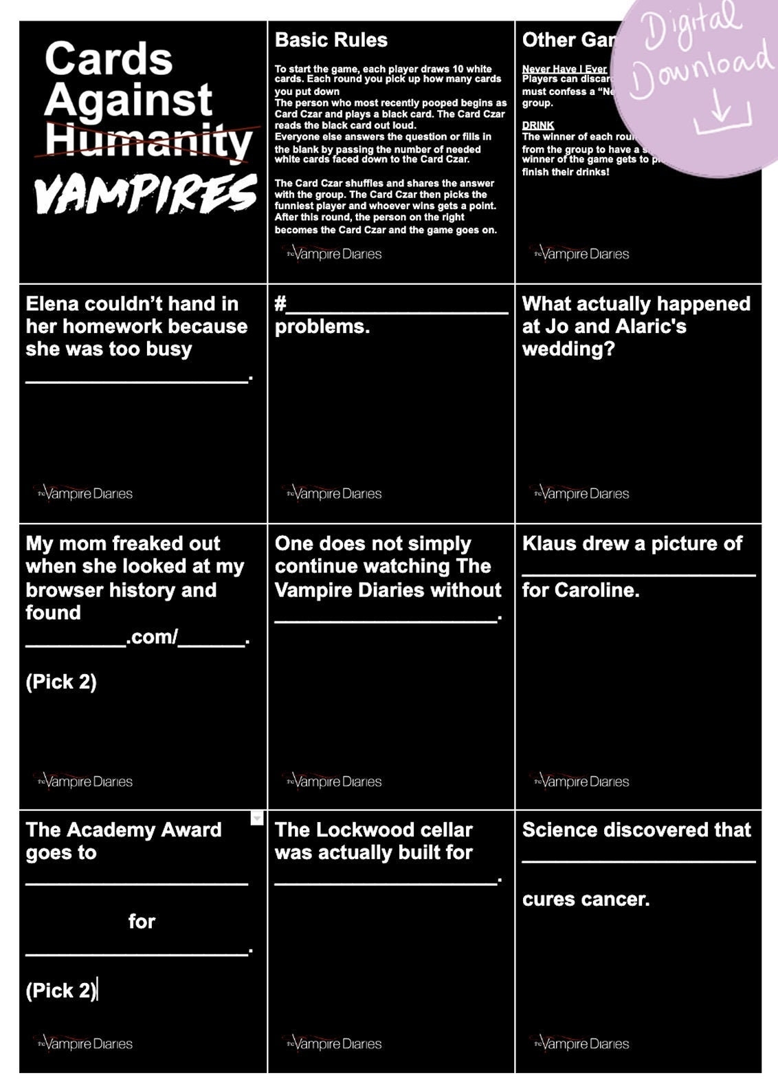 Cards Against Vampires TVD Version Cards Against Humanity Printable Games Digital Download The Vampire Diaries 600 Cards Etsy