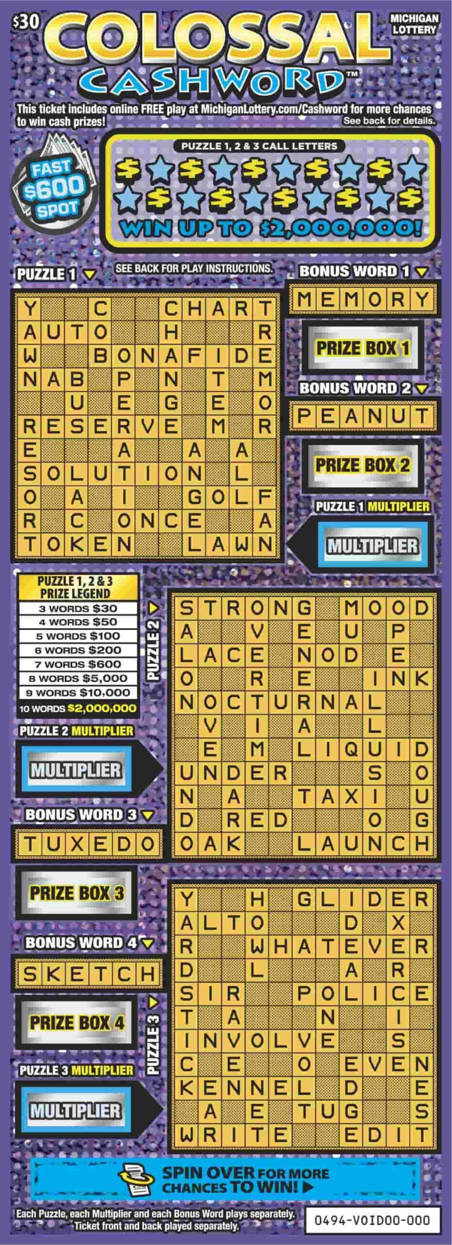 Colossal Cashword In store Instant Game Michigan Lottery