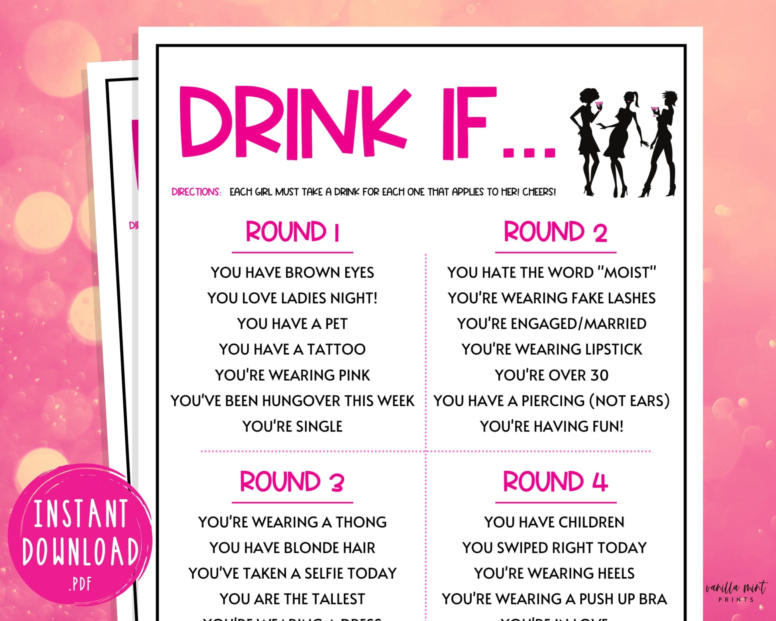 Drink If Game Ladies Night Party Games Fun Girls Night Out Girls Night In Adult Games Games For Adults Fun Drinking Games Etsy