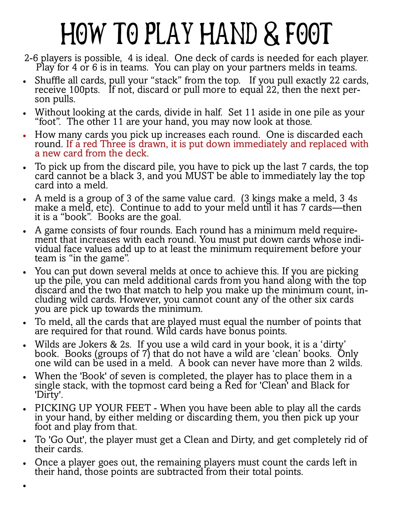 Fields Of Heather Printable Hand Foot Rules Cheat Sheets Score Sheets