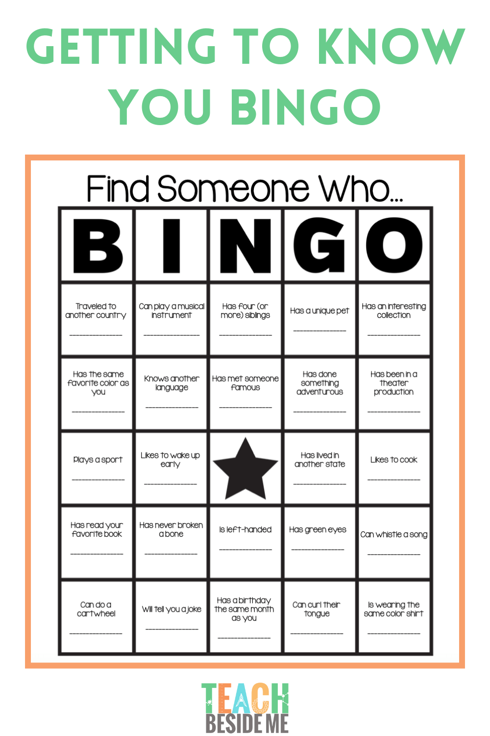 Free Printable Getting To Know You Bingo Game Card Teach Beside Me