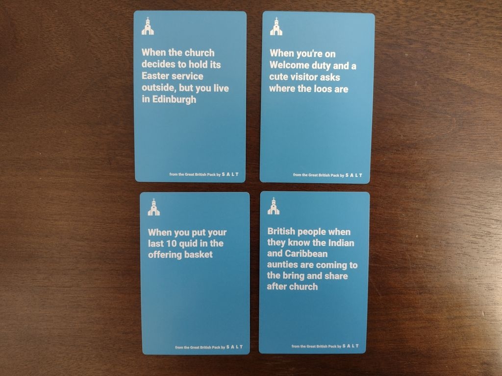 Gaming Bits The Christian Meme Game The Great British Pack And The Dating And Relationship Pack Expansion Reviews Gaming Bits Board And Card Game Reviews BoardGameGeek