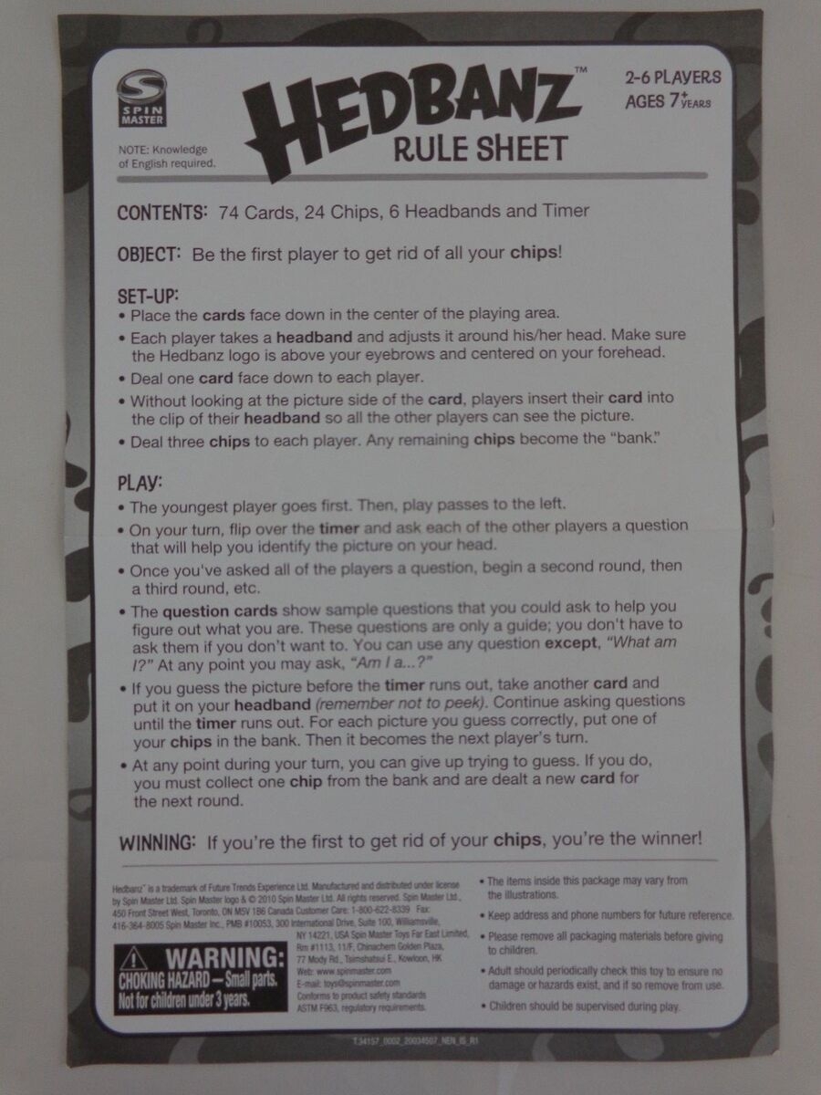 Hedbanz 2010 Replacement Game Parts Rules Instruction Sheet Spin Master EBay