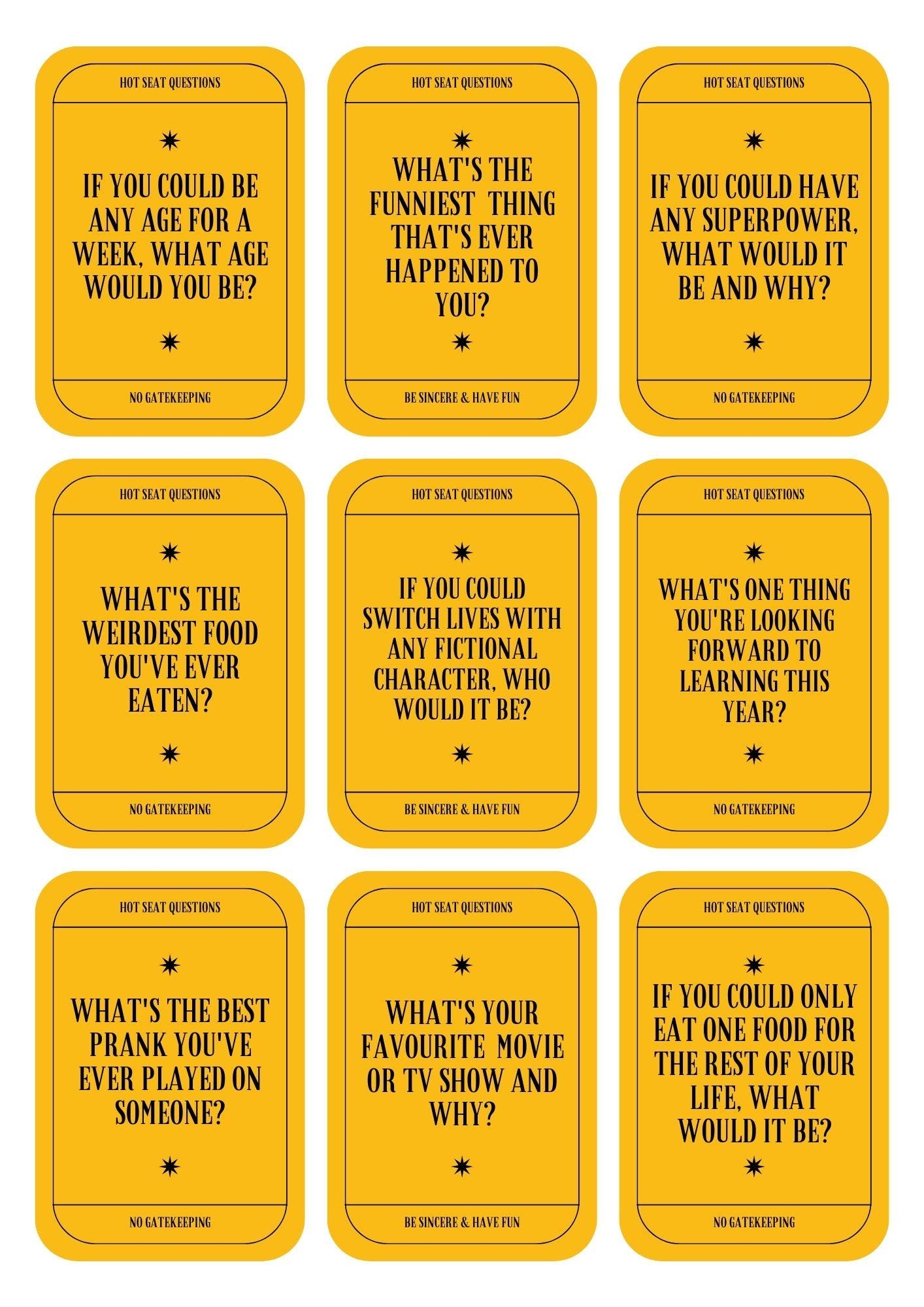 Hot Seat Questions Cards Back To School Teacher Student Ice Breaker Conversation Fun Interactive Engaging New Class Printable Etsy