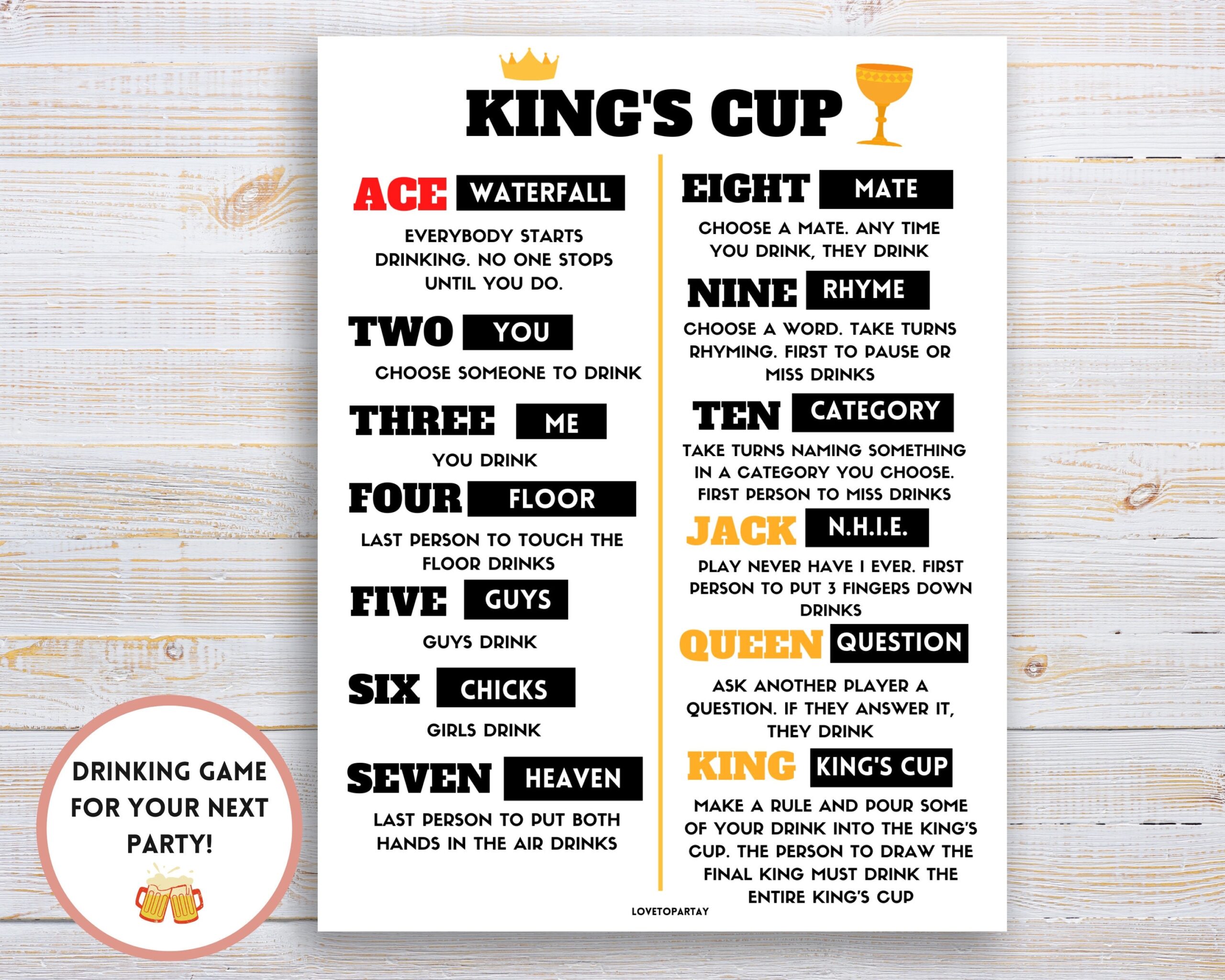 King s Cup Drinking Game Rules Party Game PDF Download Etsy