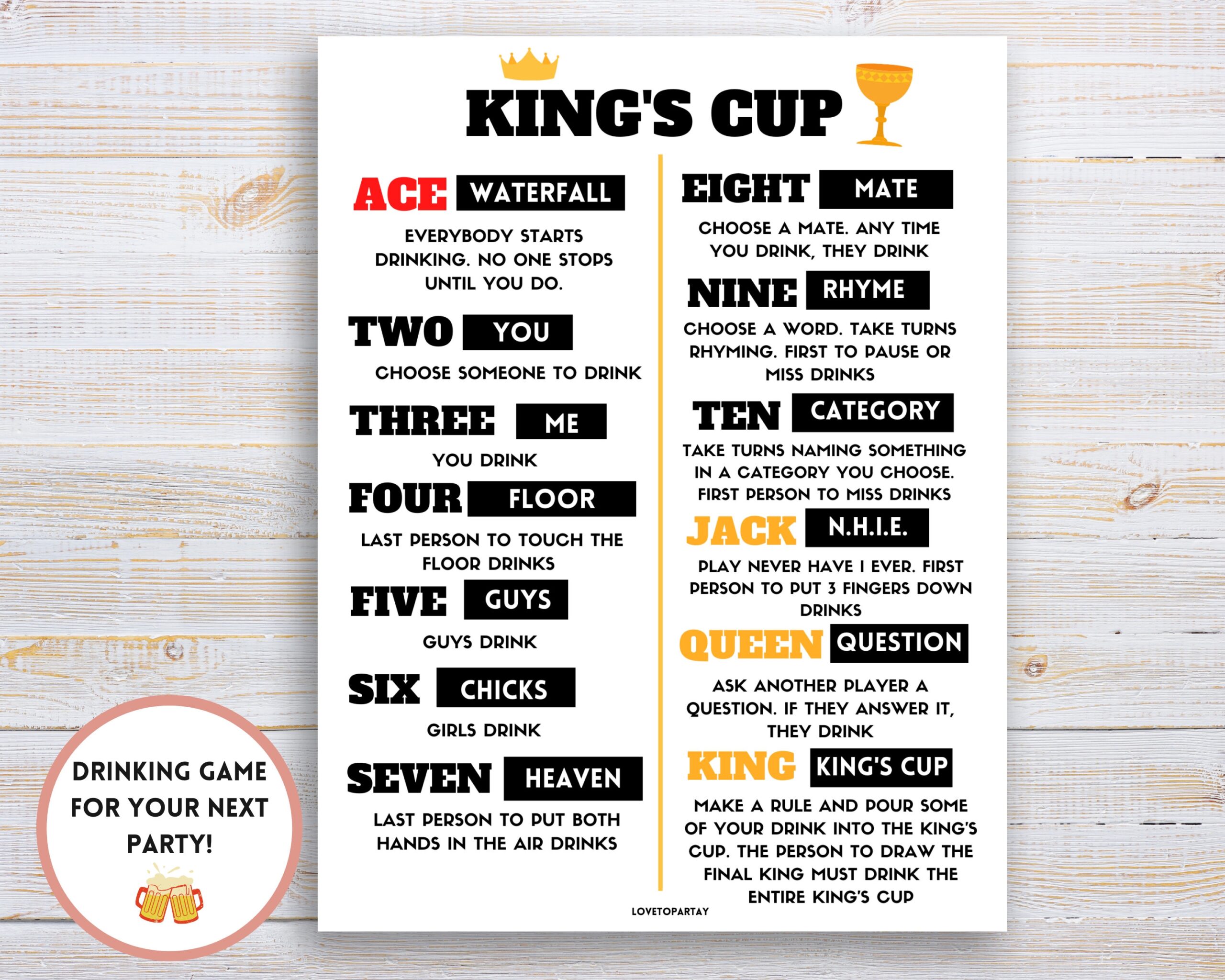 King s Cup Drinking Game Rules Party Game PDF Download Etsy
